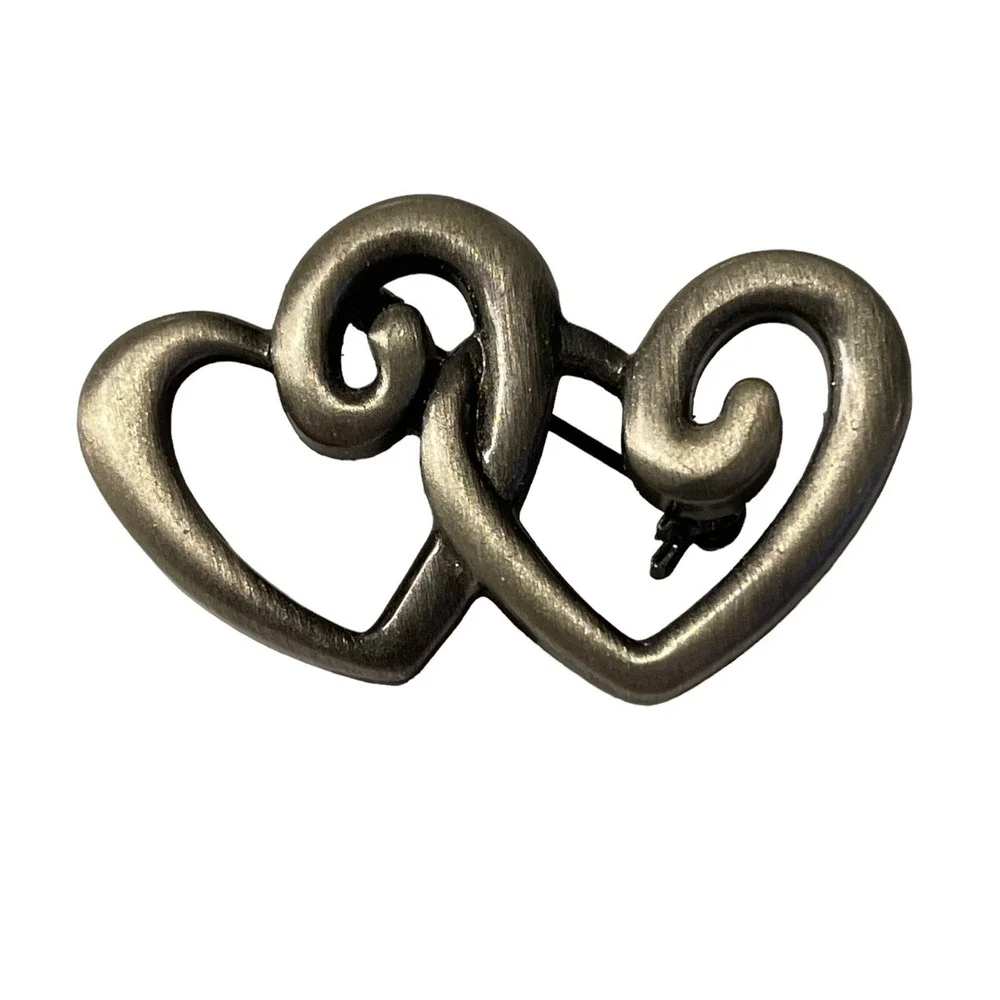 Open Double‎ Heart Intertwined Brooch Pin Silver Tone Metal Love Gift Vintage